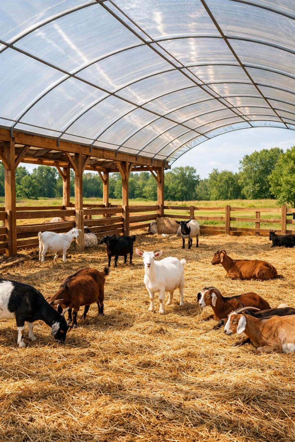 An open-air goat pavilion with a rain cover, showing goats inside a fenced enclosure surrounded by grass and trees.