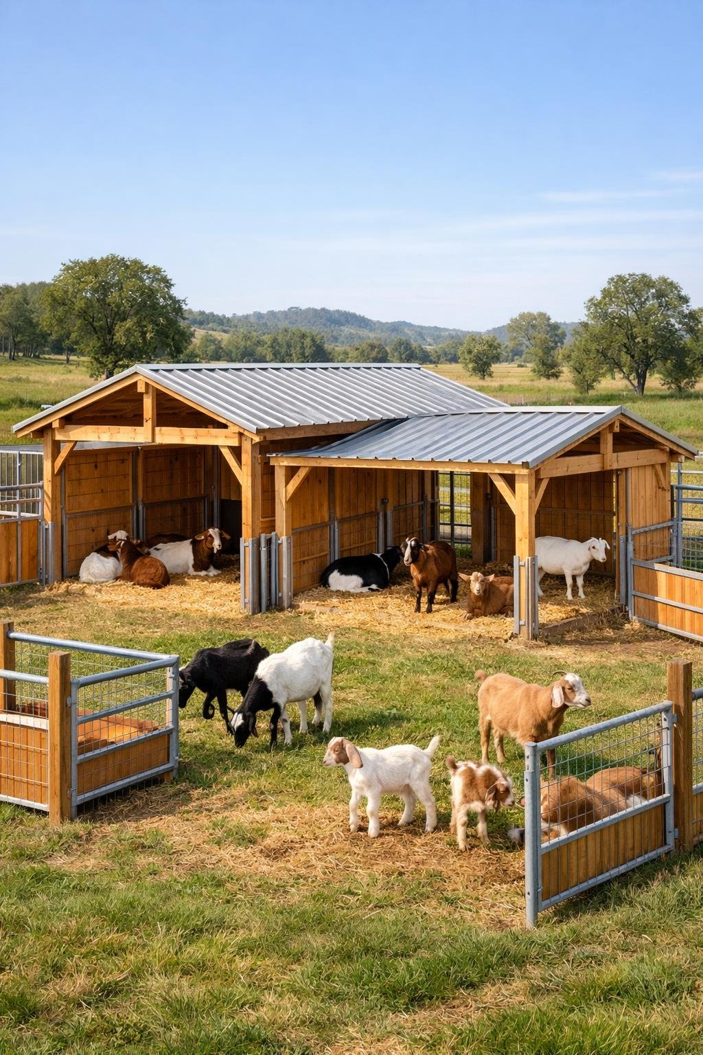 A modular goat shelter with several goats resting and grazing inside a fenced pasture on a sunny day.