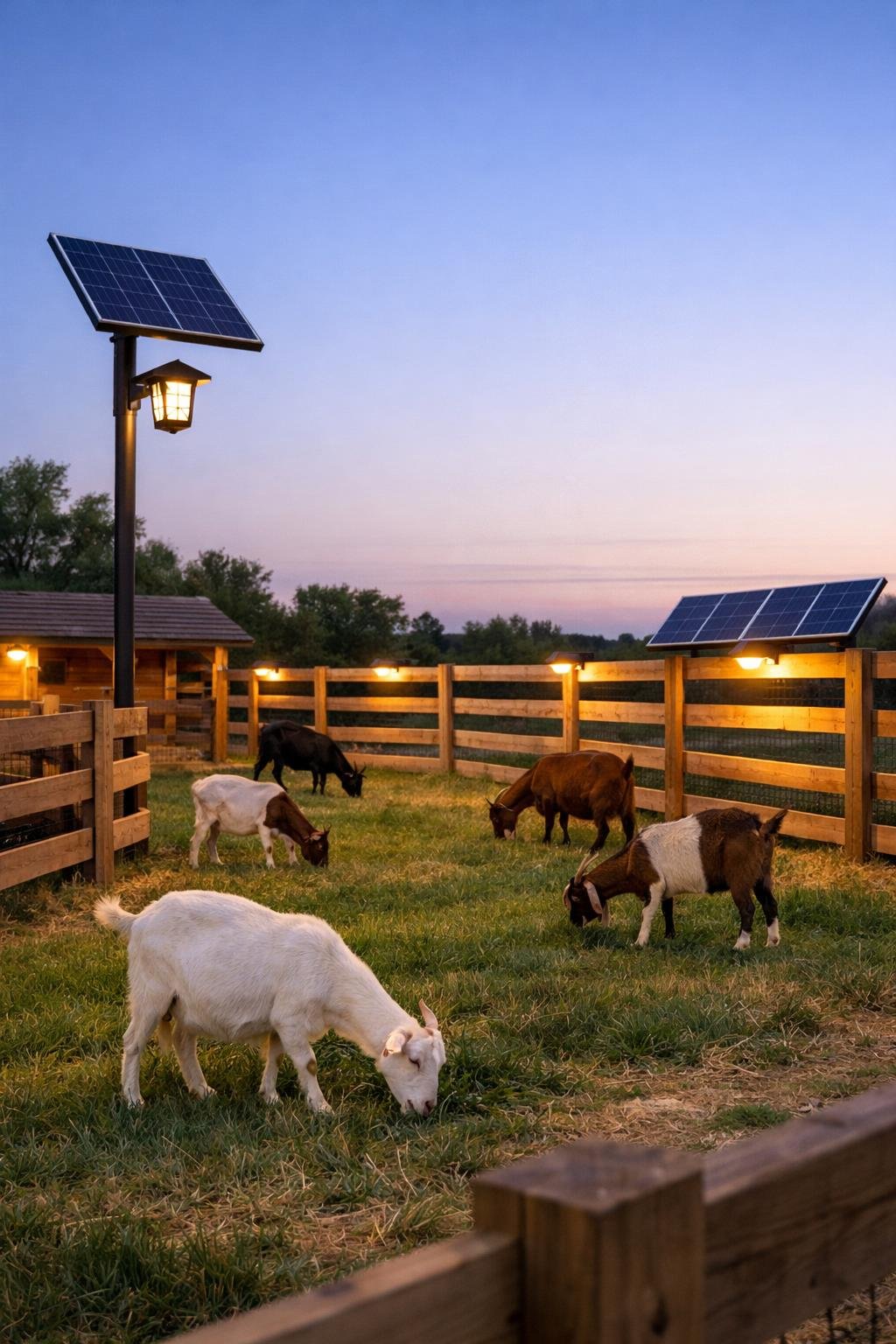 A goat enclosure with wooden fencing, several goats grazing on grass, and solar-powered lights illuminating the area at dusk.