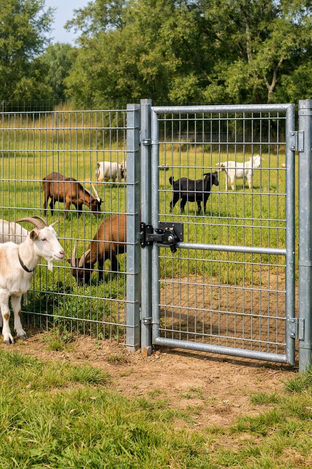 A goat enclosure with double-wire fencing and a closed gate containing several goats in a grassy outdoor area.