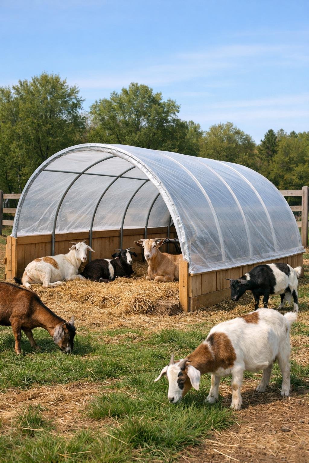 Goats inside and around a hoop house shelter made of a translucent plastic cover and wooden frame in a fenced outdoor enclosure with grass and trees.