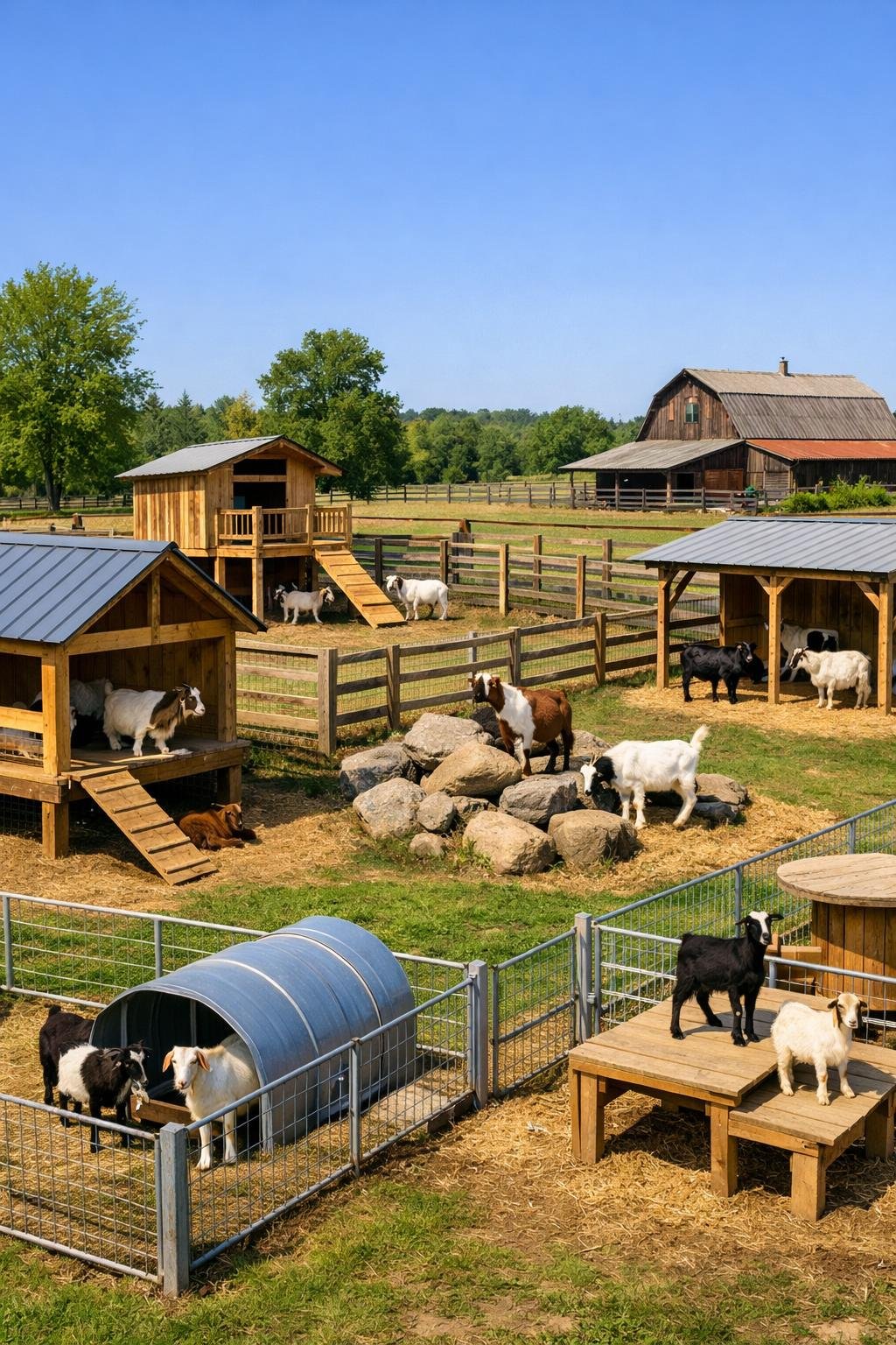 Several goats inside different types of clean and secure outdoor enclosures in a rural farm setting with grass, trees, and a barn in the background.