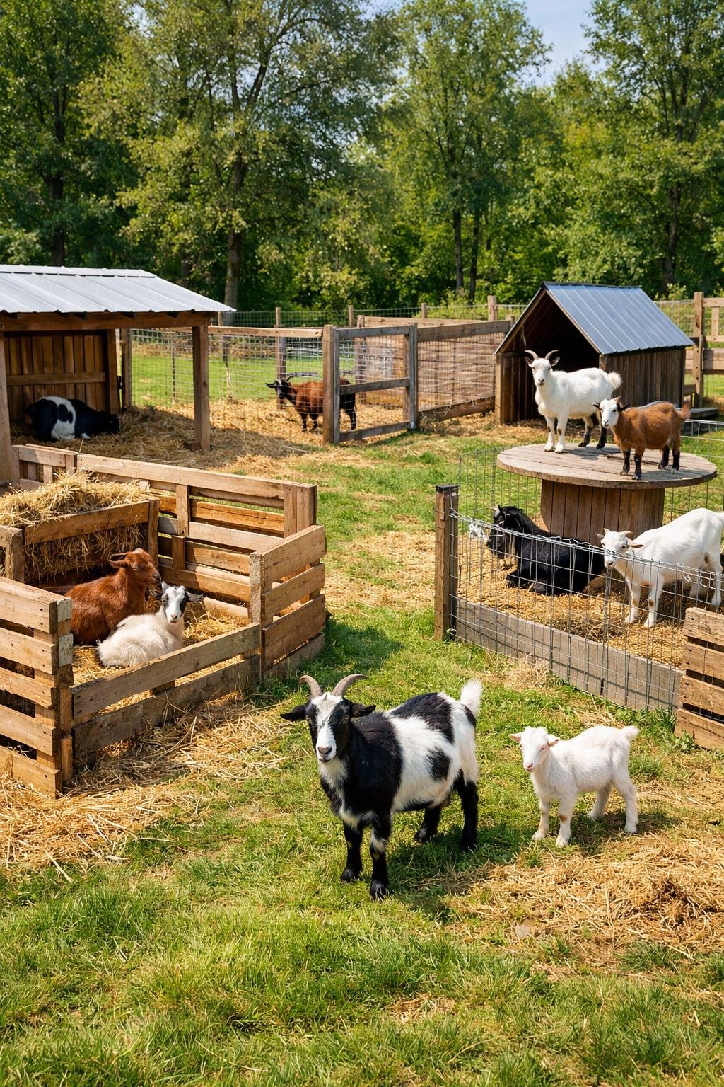 Several goats in safe, simple outdoor enclosures made from wood and wire fencing on a farm.