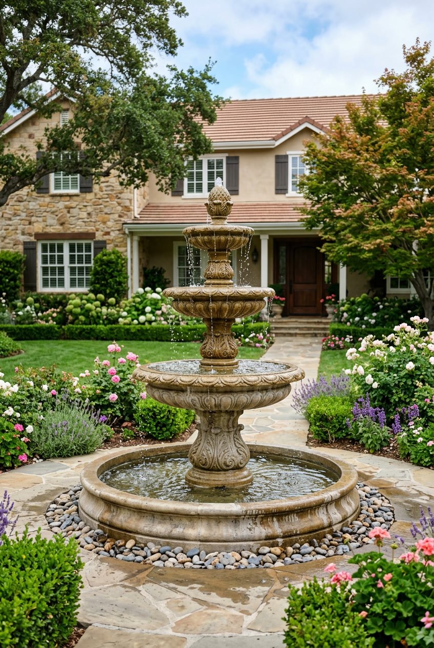 A tiered stone fountain with water flowing in a front yard surrounded by grass, flowers, and shrubs.