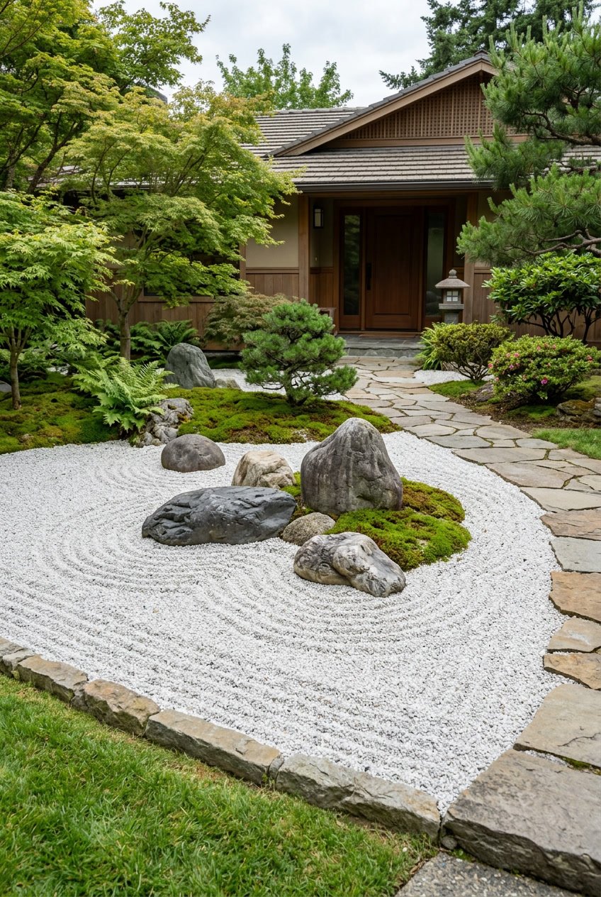 A zen rock garden with smooth river stones arranged on white gravel with raked patterns and green plants in the background.
