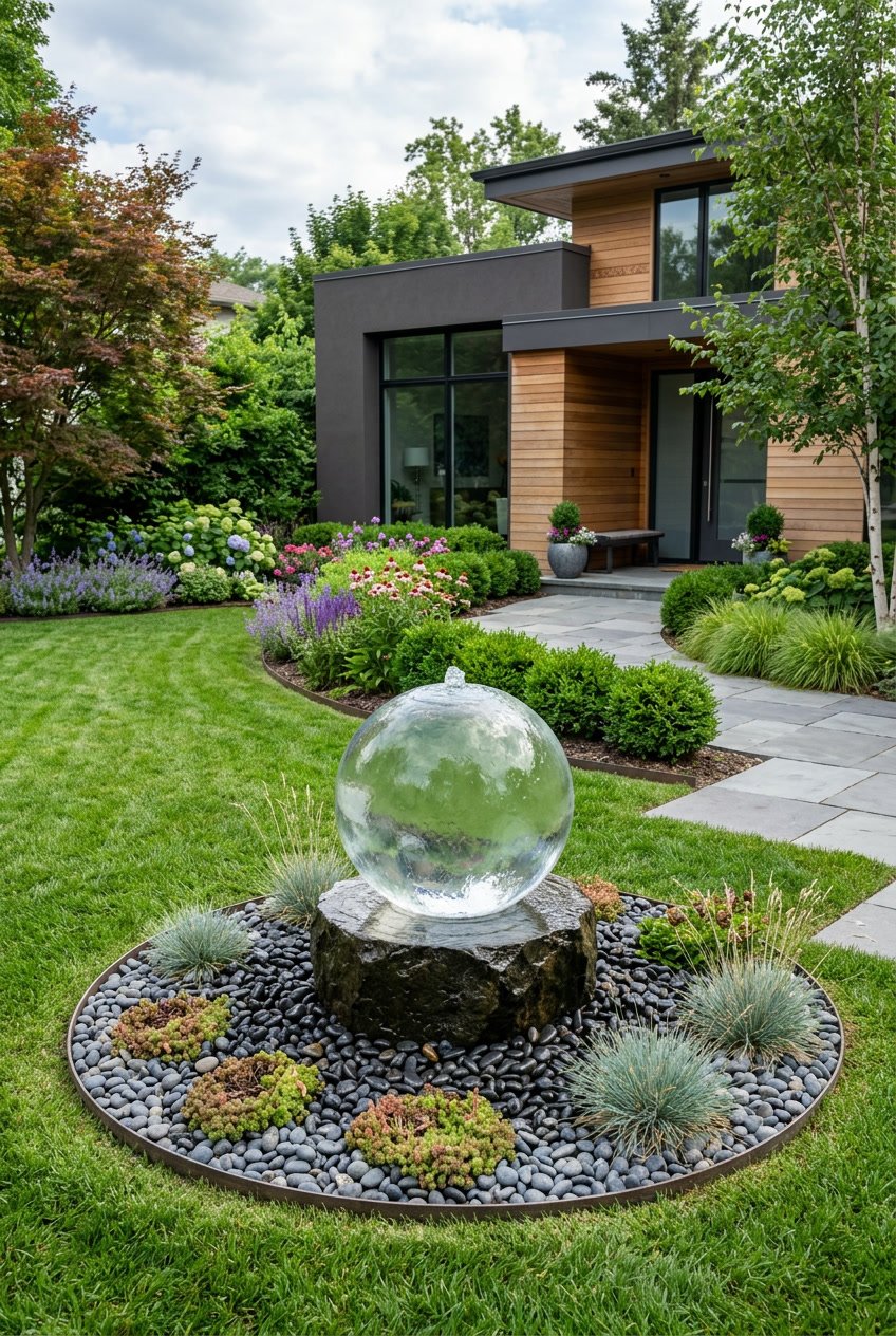 Front yard with a modern glass bubble water fountain surrounded by green grass, shrubs, and flowers in front of a contemporary house.