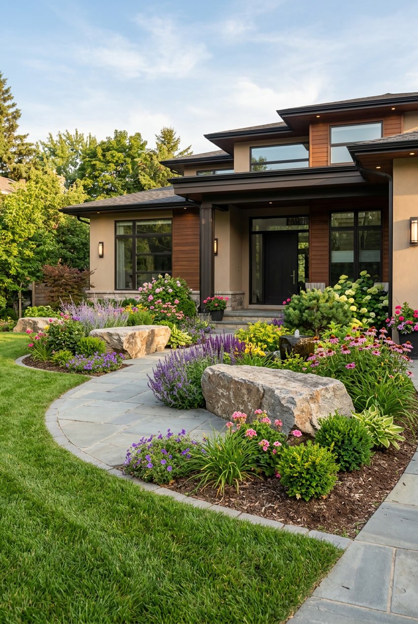 Front yard with large natural boulders used as benches surrounded by grass, flowers, and shrubs in front of a modern house.