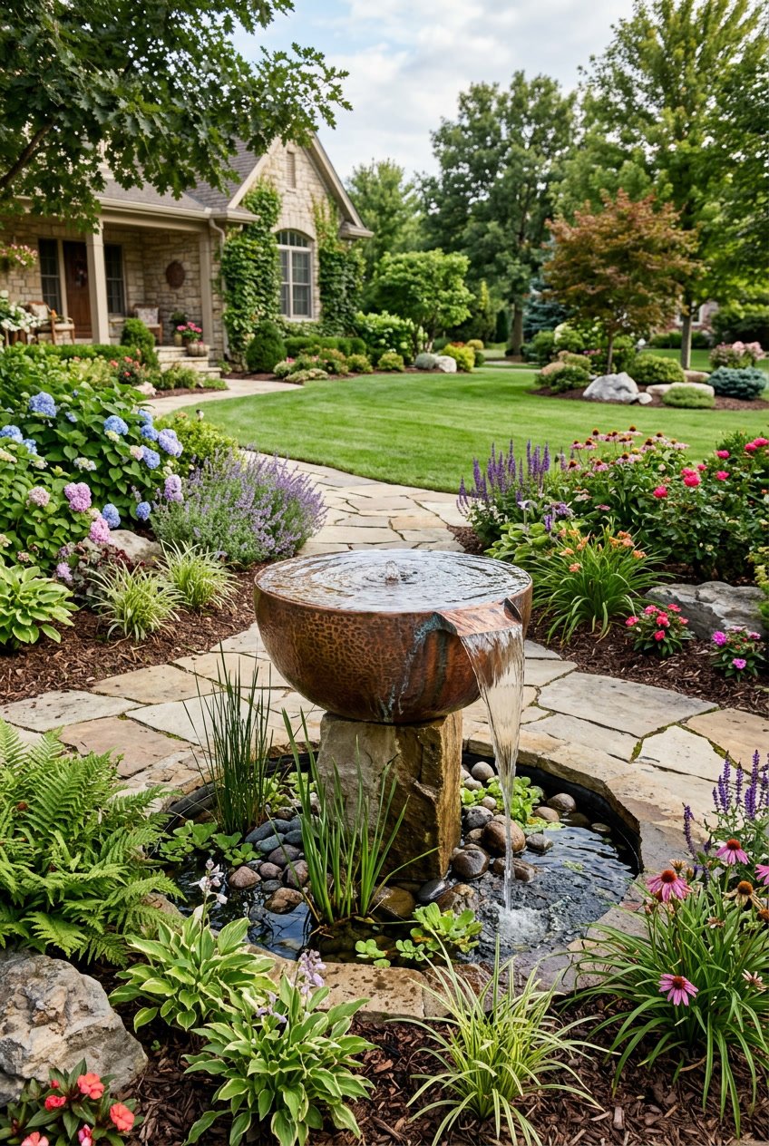 A rustic copper bowl water fountain surrounded by plants and stone pathways in a front yard garden.