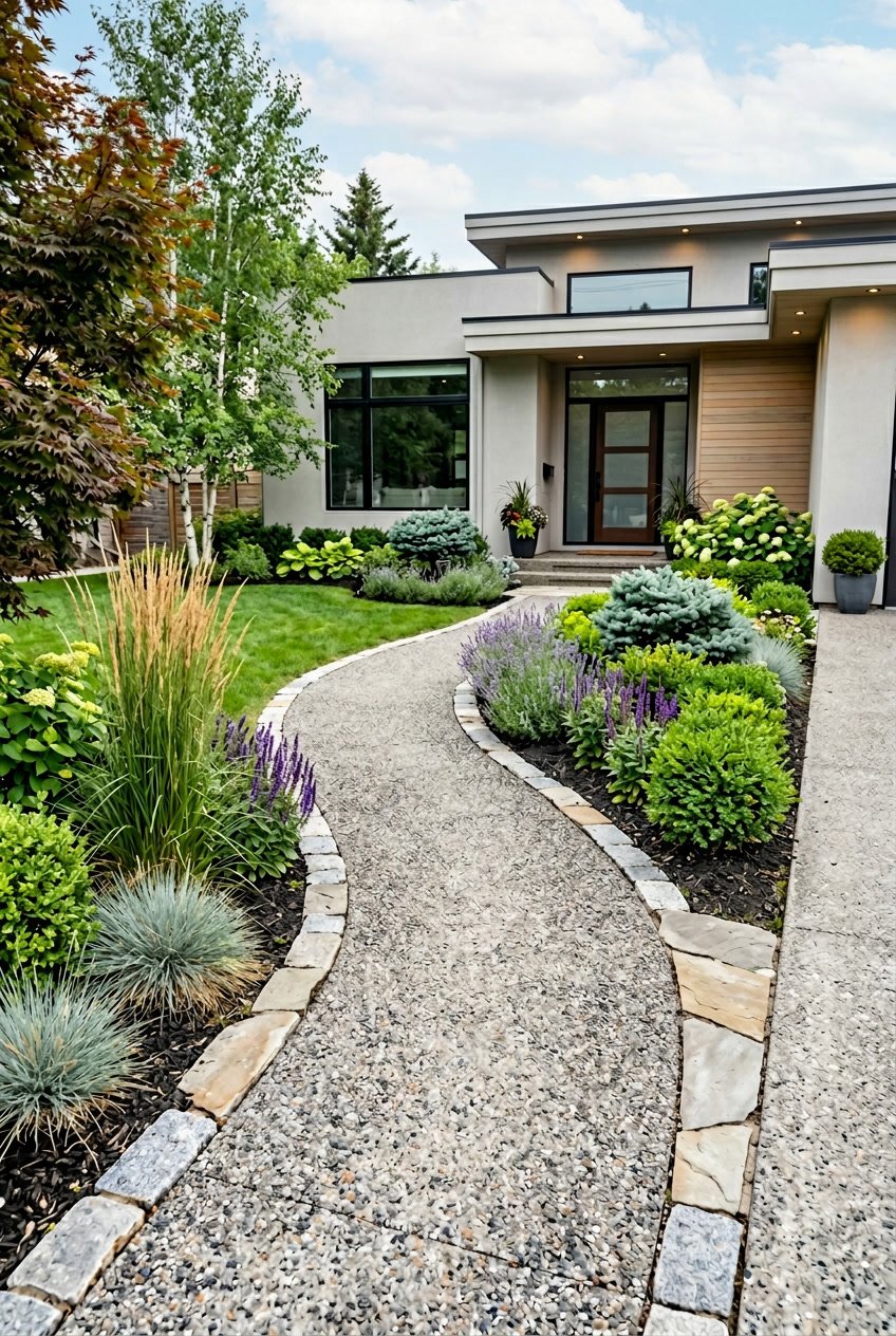 Front yard with clean crushed granite walkways bordered by shrubs and ornamental grasses leading to a modern house.