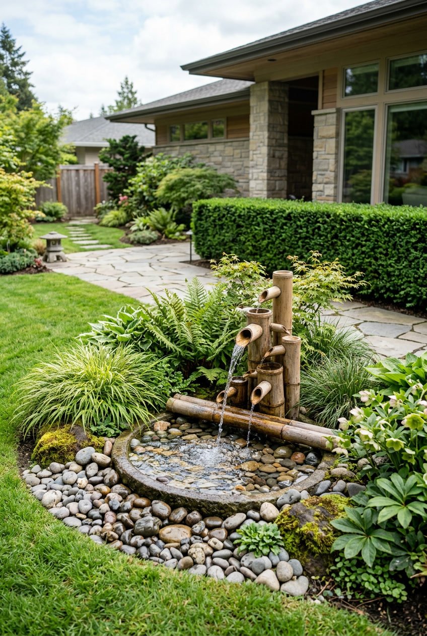 A front yard garden with a bamboo waterfall fountain surrounded by green plants, stones, and a pathway.