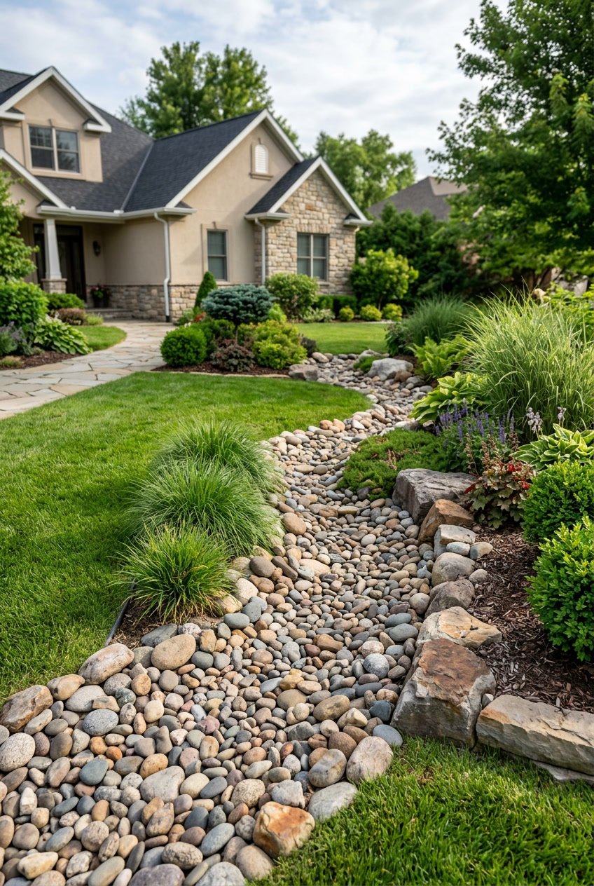 A dry creek bed with assorted pebbles winding through a green front yard with plants and shrubs.