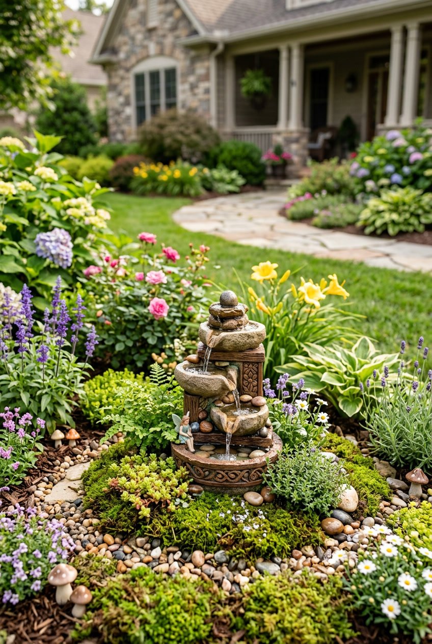 A small fairy garden fountain surrounded by plants, flowers, and stones in a front yard garden.