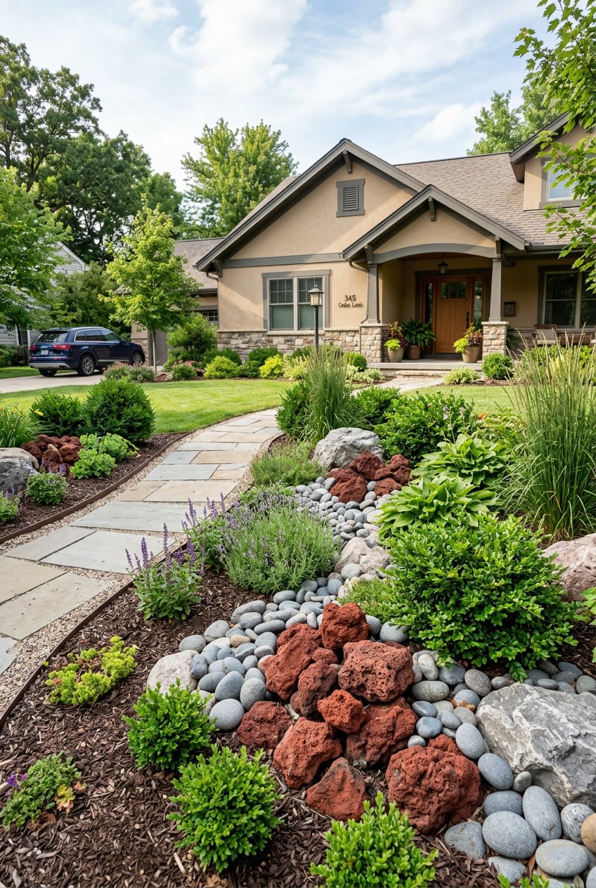 A front yard landscaped with green shrubs, gray stones, and scattered reddish lava rocks.
