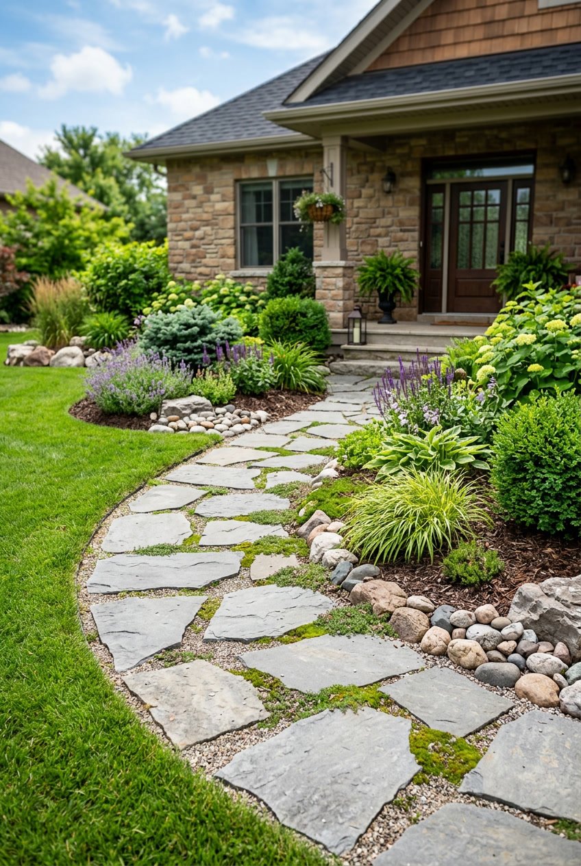 A front yard with flat flagstones arranged as stepping stones surrounded by rocks, grass, and small plants.