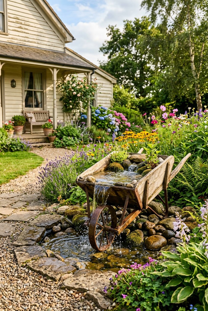 Front yard with an old wheelbarrow turned into a water fountain surrounded by flowers and greenery, with a farmhouse in the background.