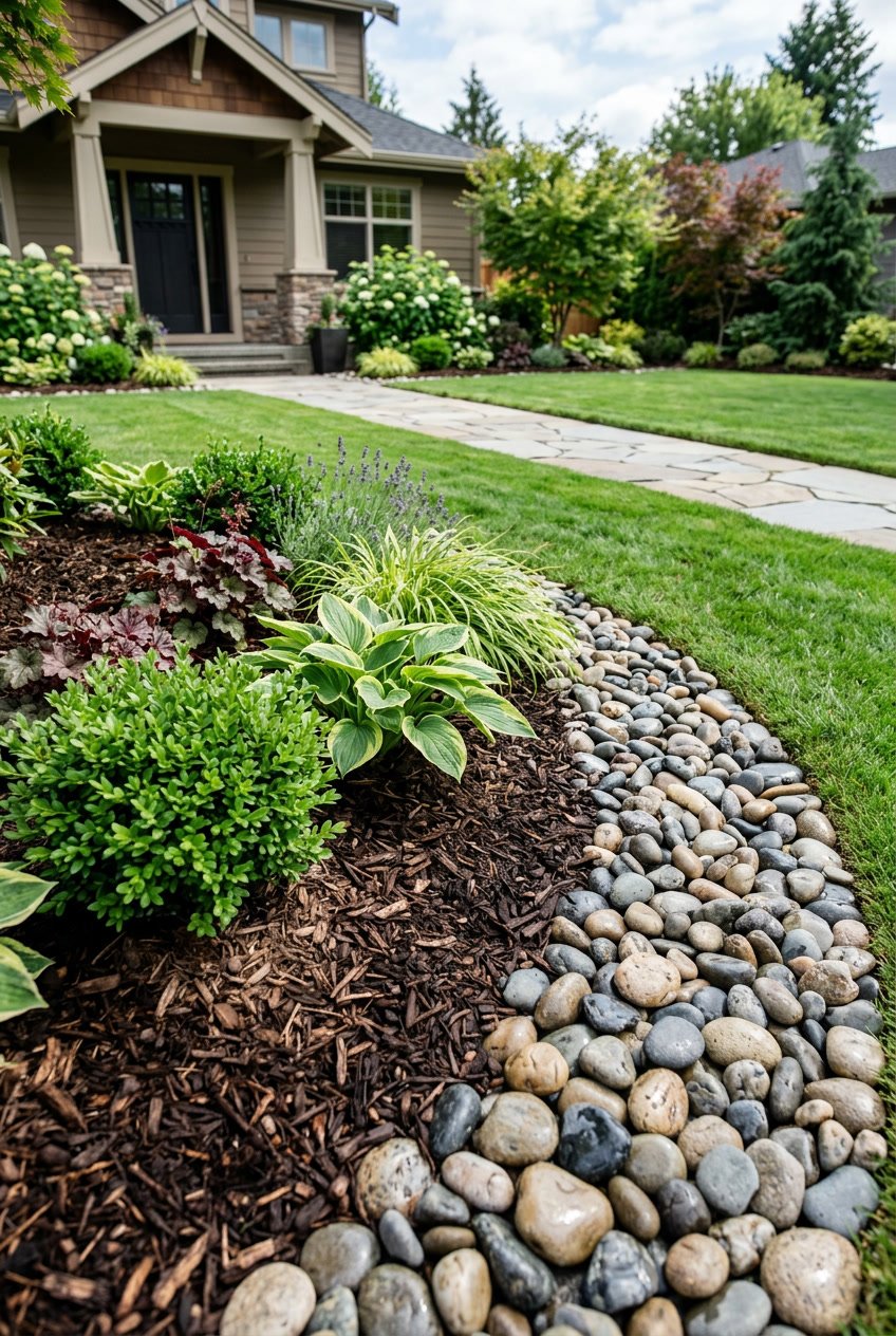 Front yard with plants surrounded by mulch and polished stones in a landscaped garden.