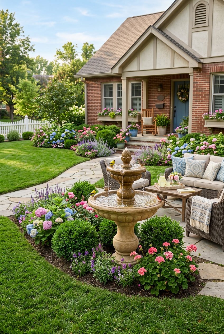 Front yard with a stone birdbath fountain surrounded by green grass, colorful flowers, and outdoor seating near a house.