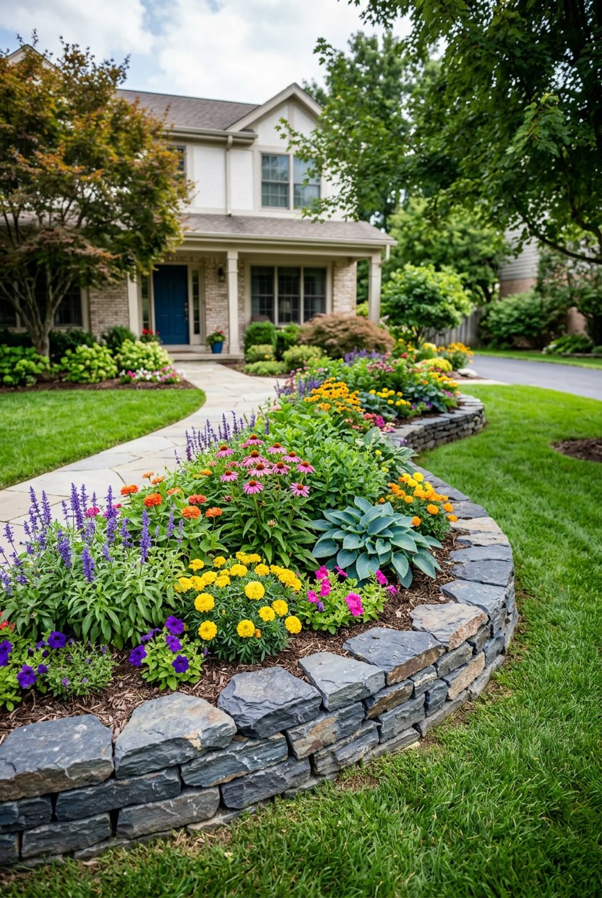 A front yard with flower beds bordered by stacked slate rocks, filled with colorful flowers and green plants.