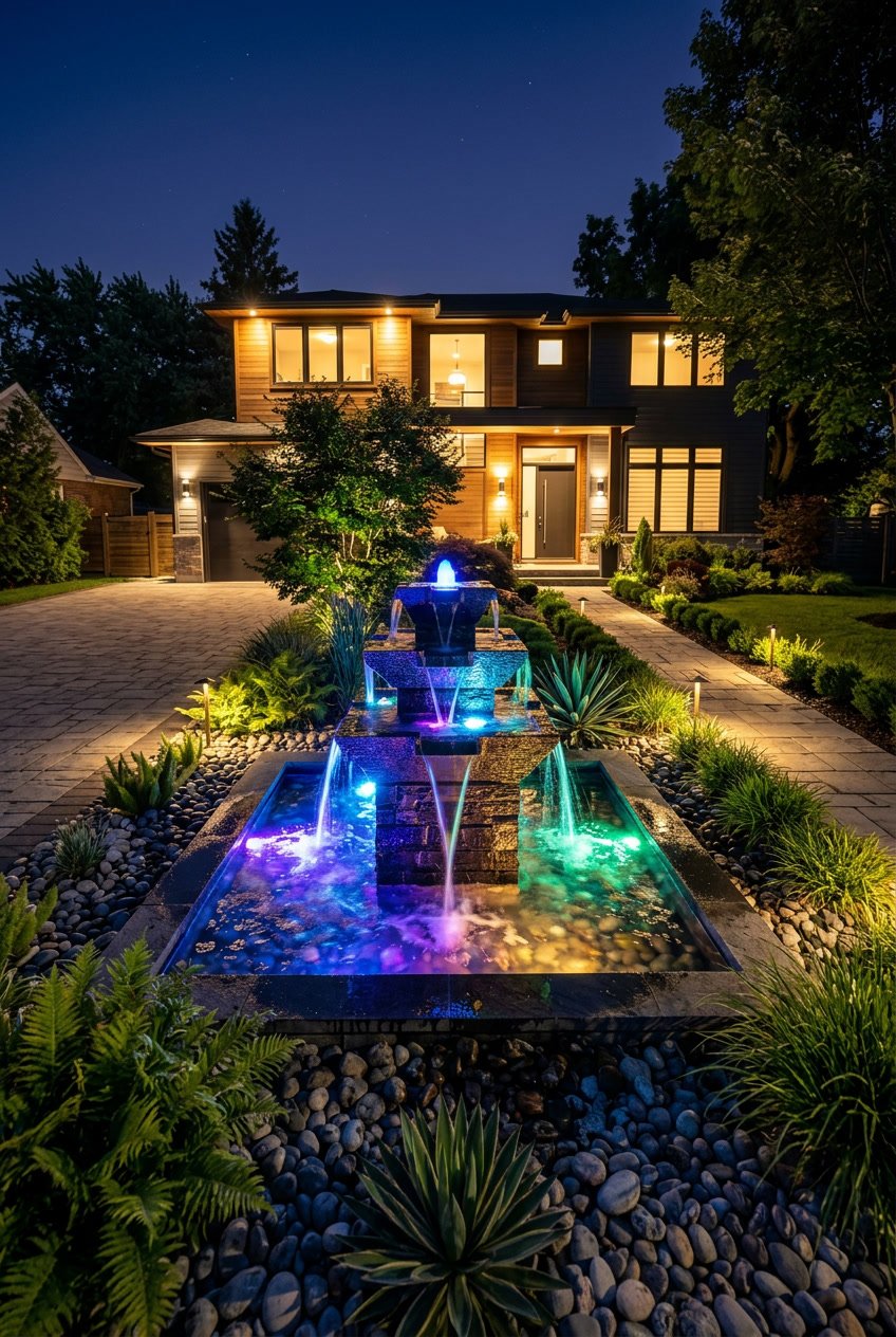 Front yard at night with a water fountain illuminated by colorful LED lights surrounded by plants and decorative stones.