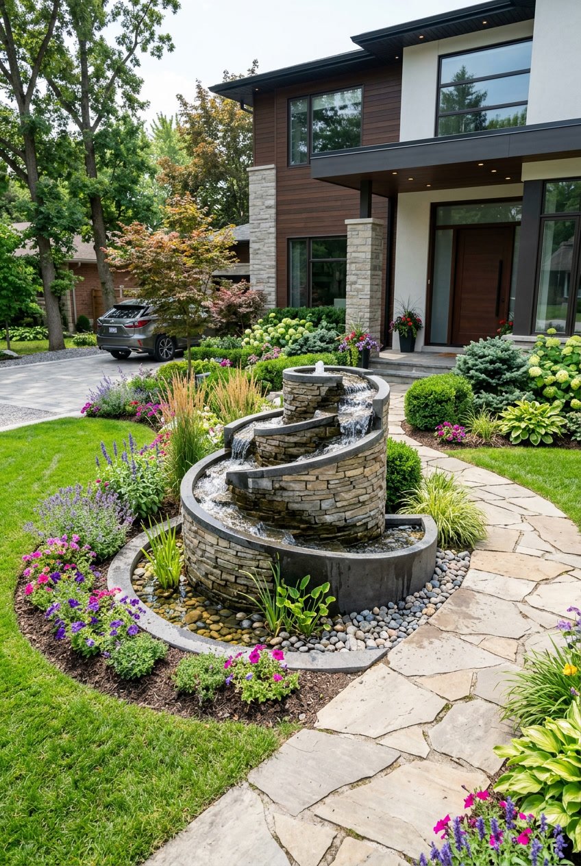 Front yard with a spiral cascade water fountain surrounded by green grass, flowering plants, and shrubs in front of a modern house.