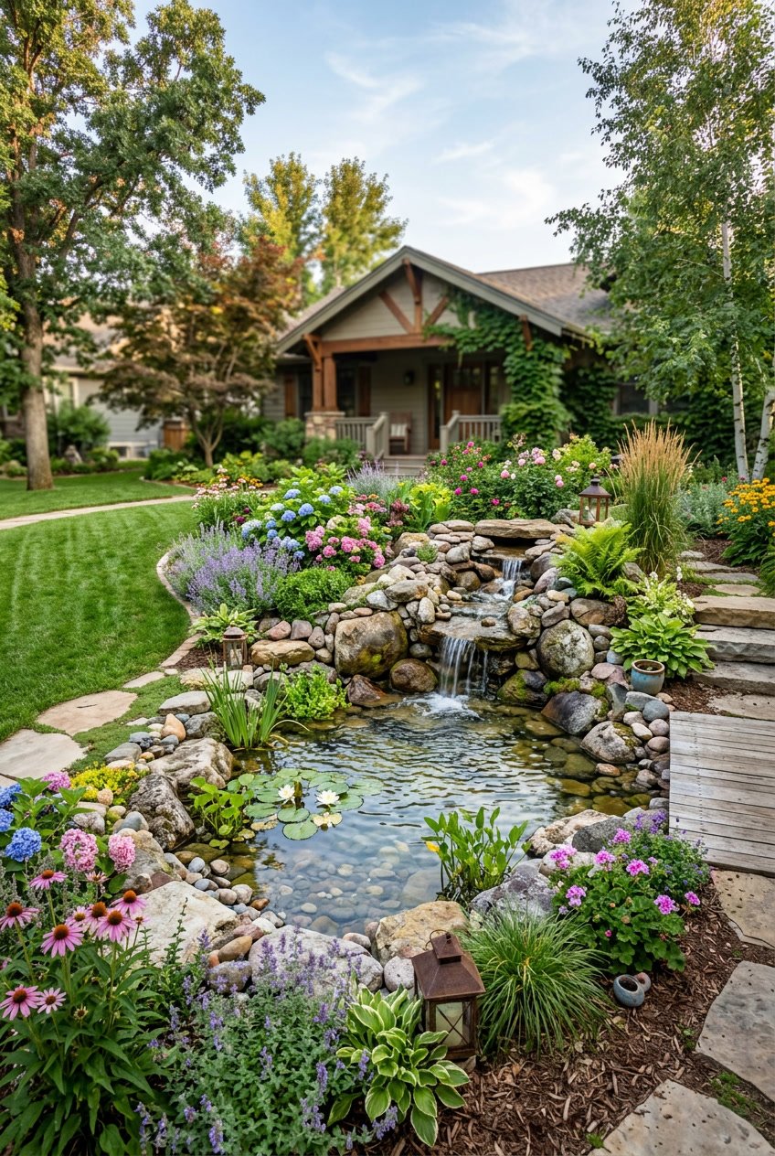 A front yard with a natural rock pond fountain surrounded by green plants and flowers.