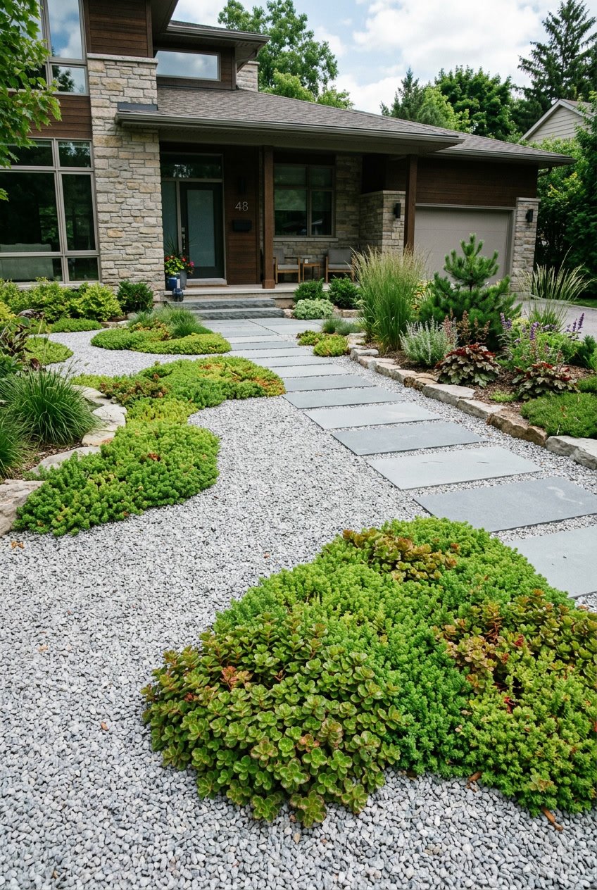 Front yard with gravel and green sedum plants arranged in a neat, low-maintenance garden beside a modern house.