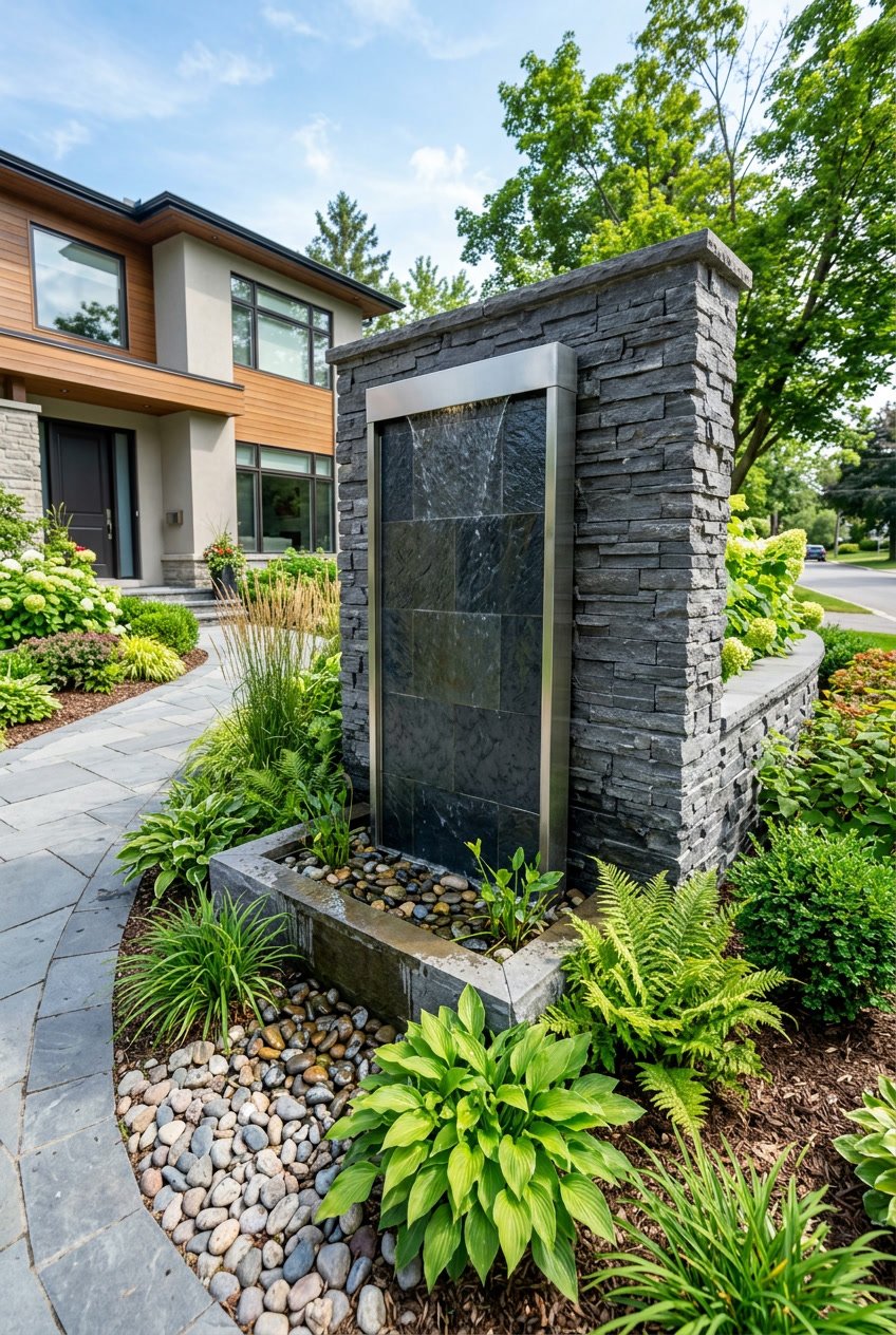 A vertical wall fountain with water flowing down surrounded by green plants and shrubs in a front yard.