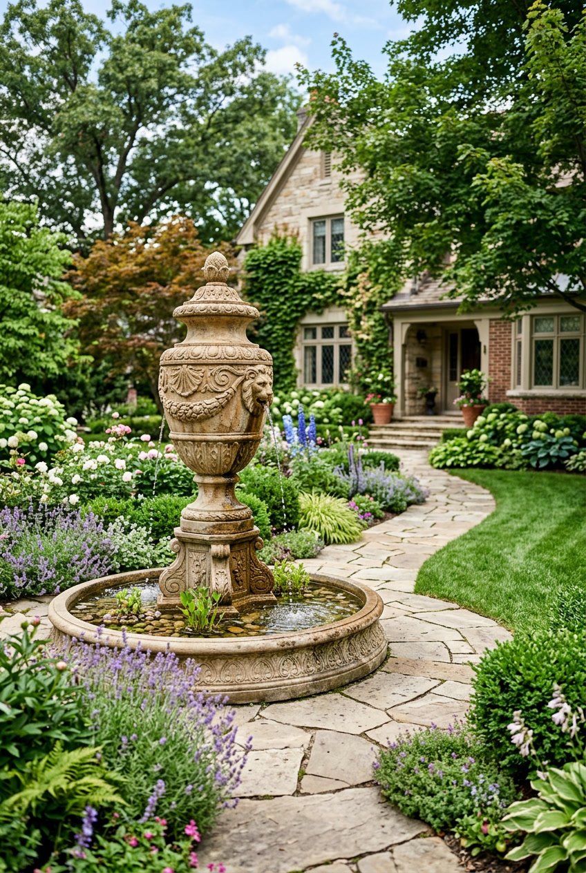 Front yard garden with an antique urn water fountain surrounded by plants and a stone pathway.