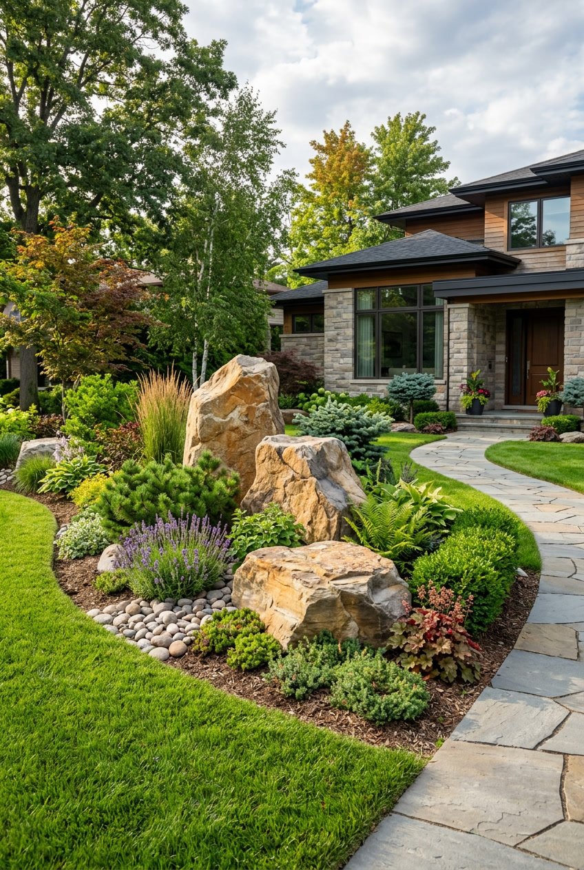 Front yard with large sandstone boulders surrounded by green lawn and plants in front of a house.