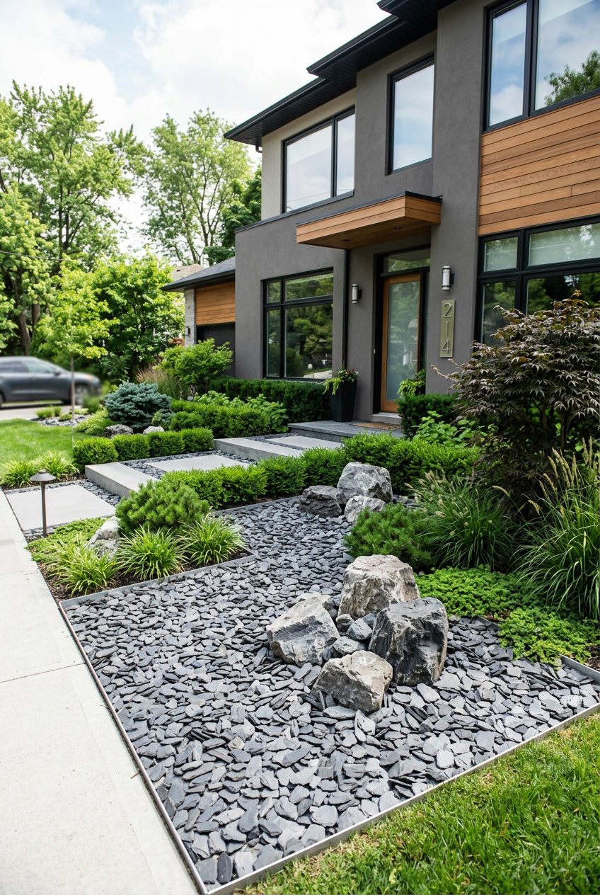 Front yard with slate chips and rocks arranged among green shrubs in front of a modern house.
