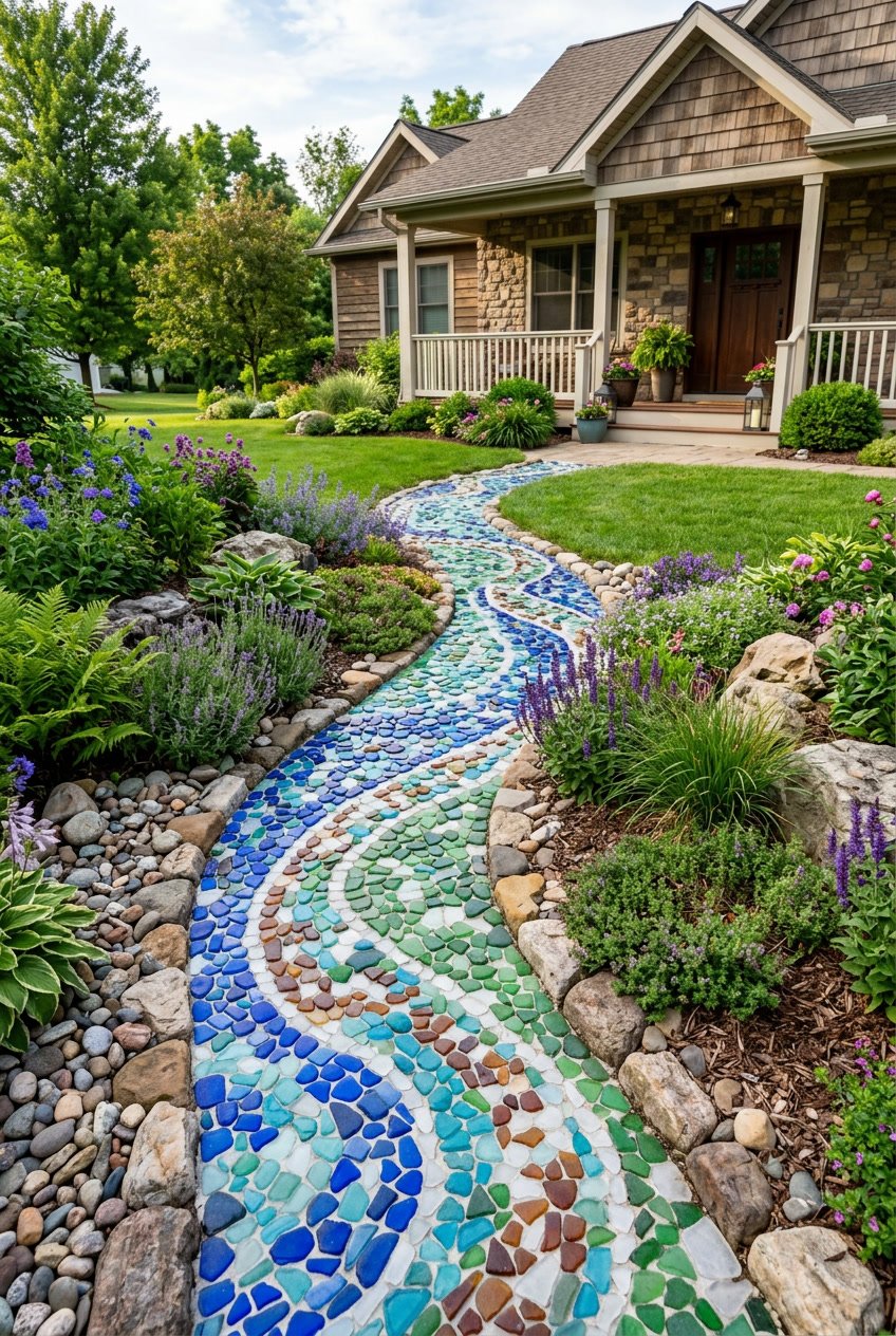 A front yard with a winding mosaic path made of colorful sea glass stones surrounded by rocks and green plants.
