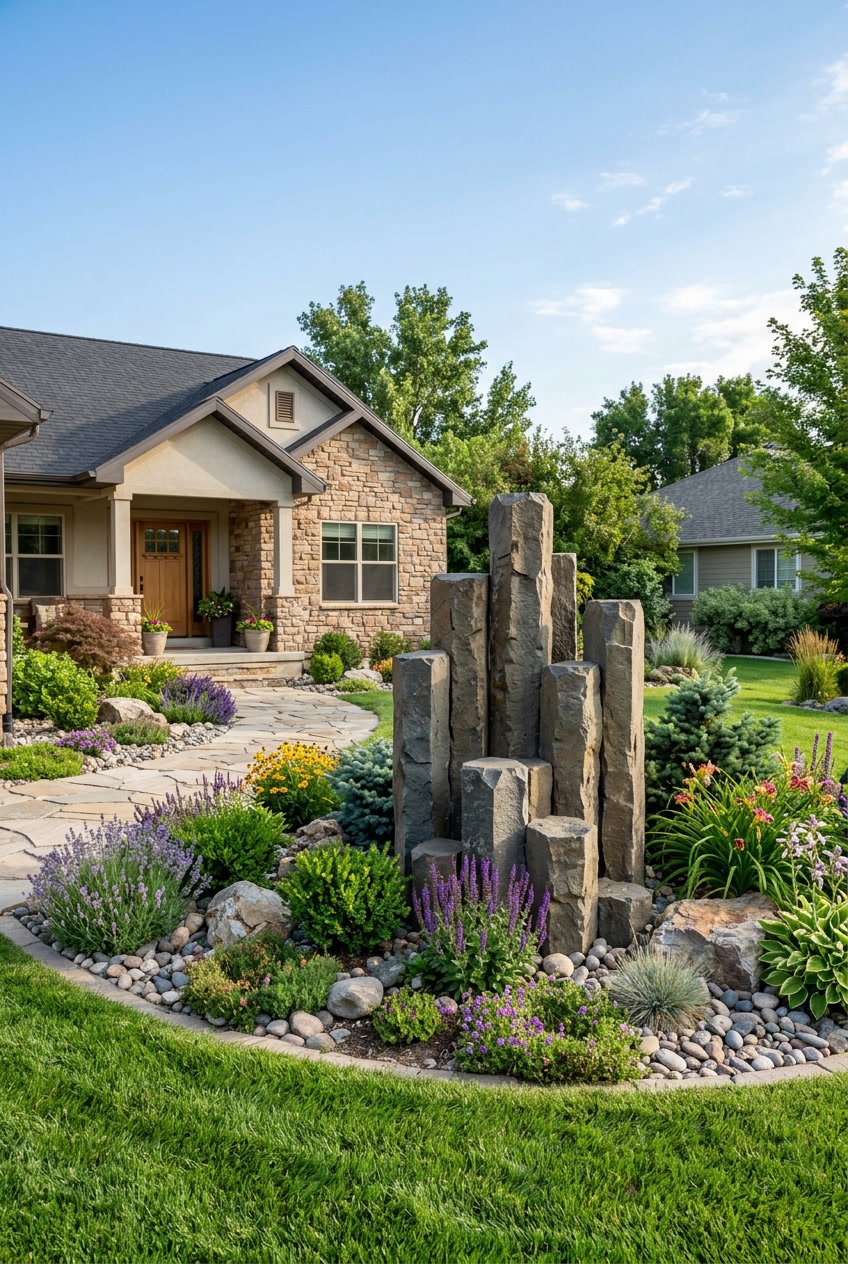 A front yard landscaped with vertical basalt columns, rocks, green grass, flowering plants, and shrubs under a clear sky.