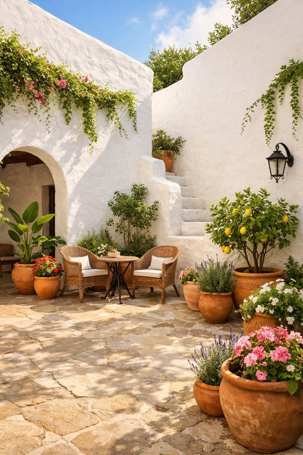 A sunlit Mediterranean courtyard with white stucco walls, green plants, and terracotta pots.