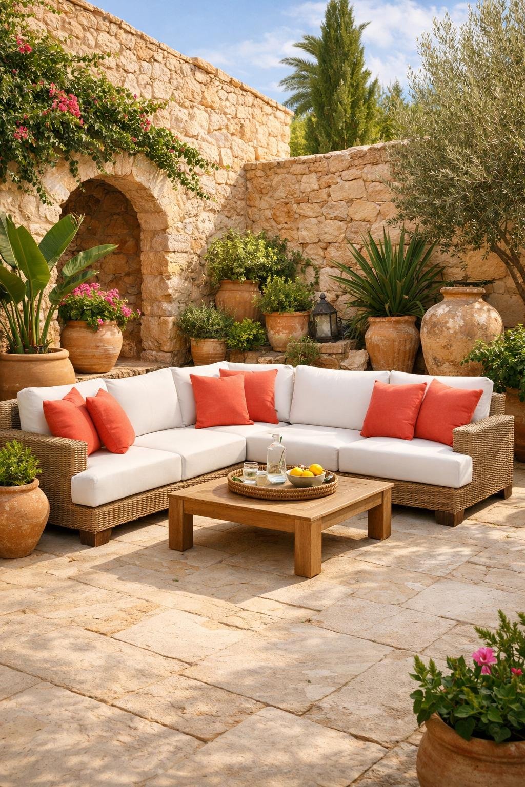 An L-shaped outdoor sofa with white cushions and coral pillows in a sunny courtyard garden surrounded by plants and stone walls.