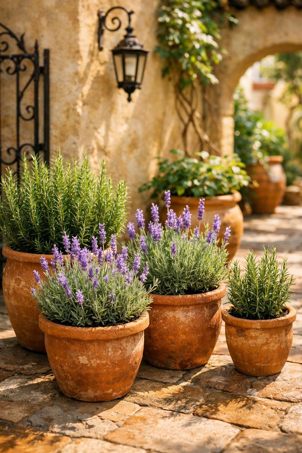 Terracotta pots filled with rosemary and lavender herbs in a Mediterranean courtyard garden.