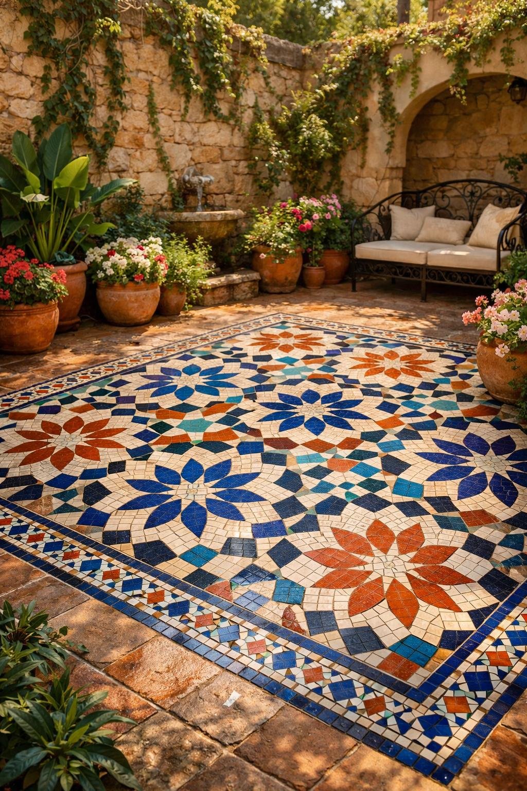 A sunlit Mediterranean courtyard garden with mosaic tiled floors, green plants, and terracotta pots.