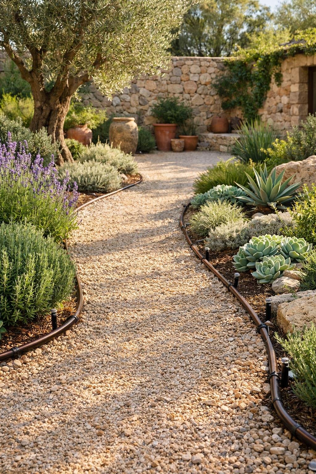 A Mediterranean courtyard garden with gravel pathways, drought-tolerant plants, and a drip irrigation system.