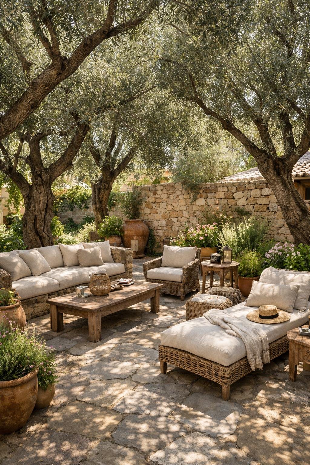 Shaded seating areas under tall olive trees in a Mediterranean courtyard garden with outdoor furniture and stone paving.