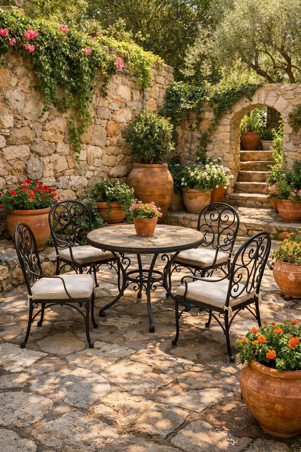 A courtyard garden with stone pathways and wrought iron table and chairs surrounded by plants and flowers.