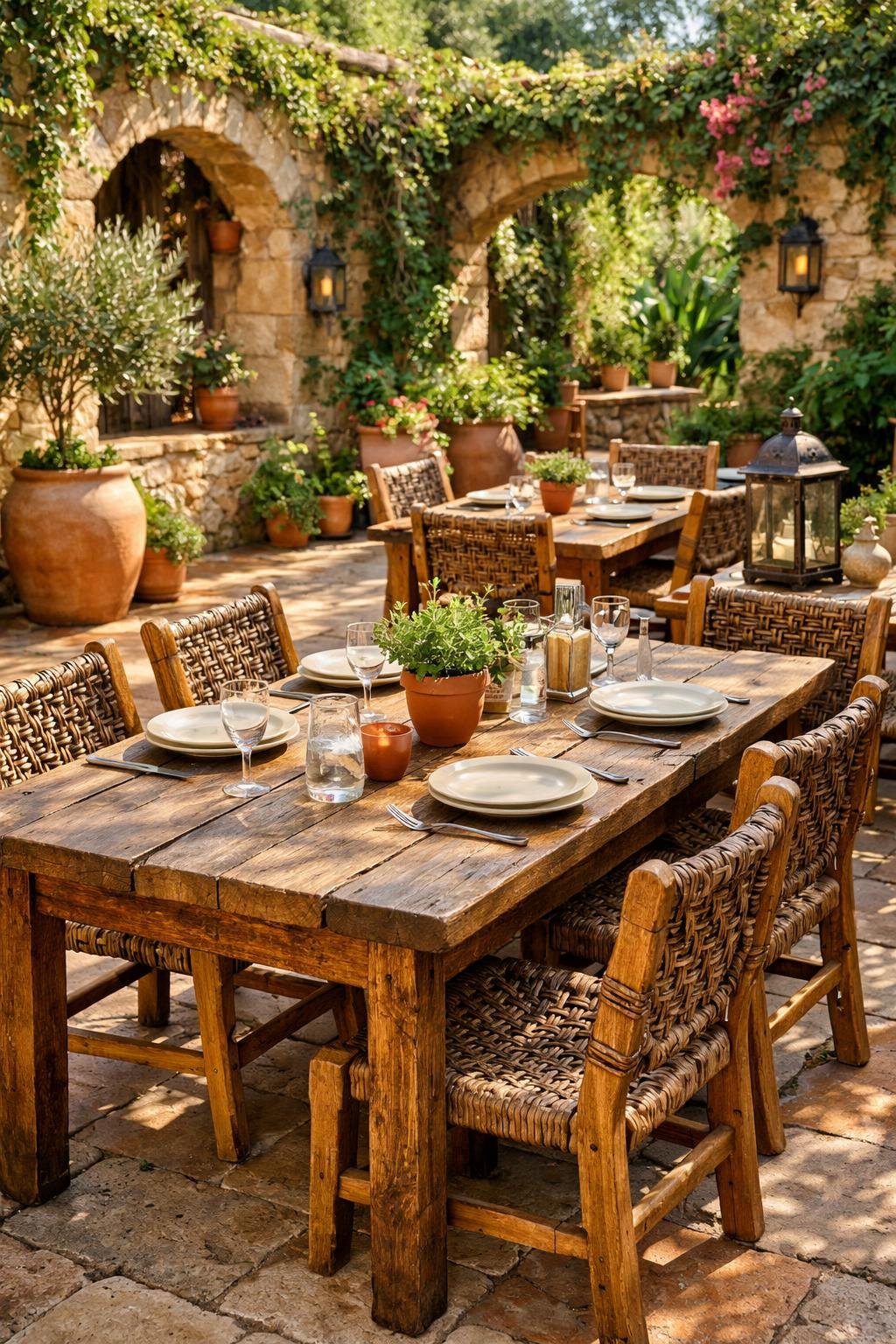 Outdoor courtyard with wooden tables and woven chairs surrounded by green plants and stone flooring.