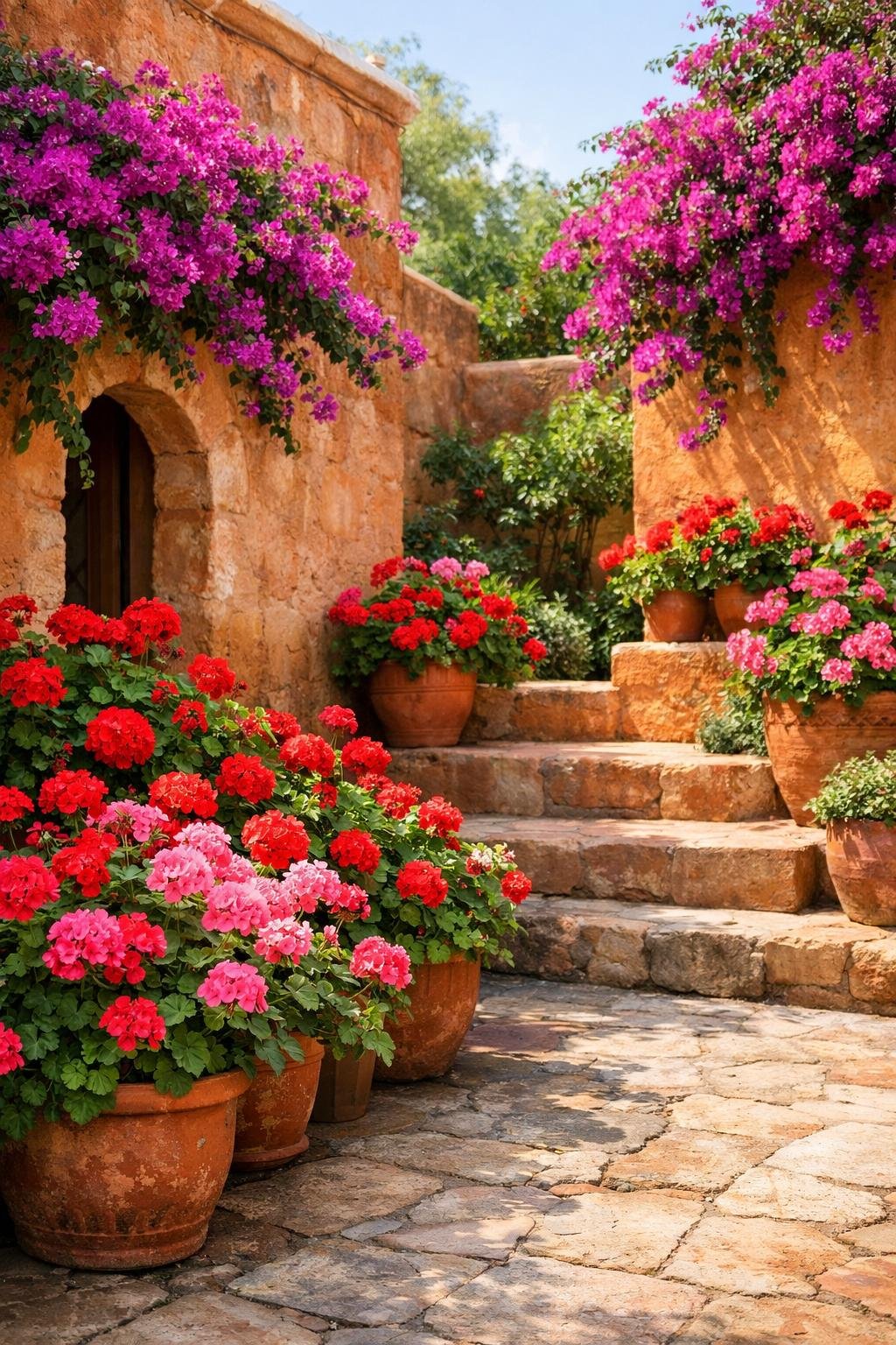 A Mediterranean courtyard with colorful geraniums and bougainvillea cascading over terracotta walls.