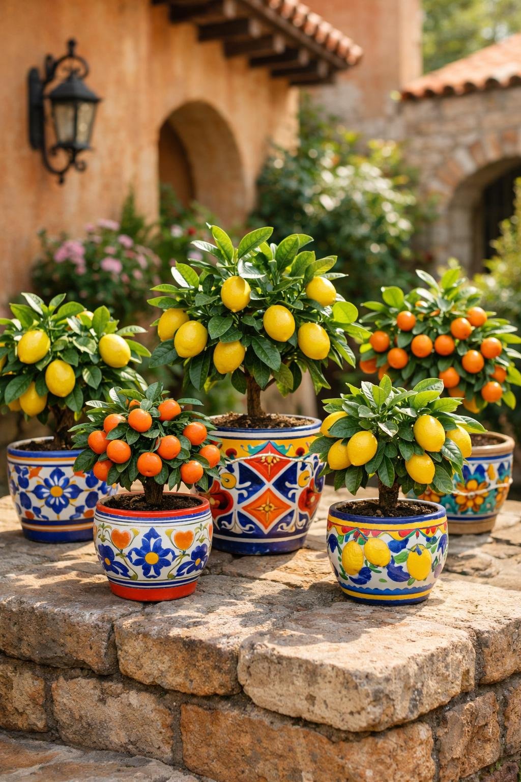 Miniature lemon and orange trees in colorful ceramic pots arranged on a stone surface in a Mediterranean courtyard garden.