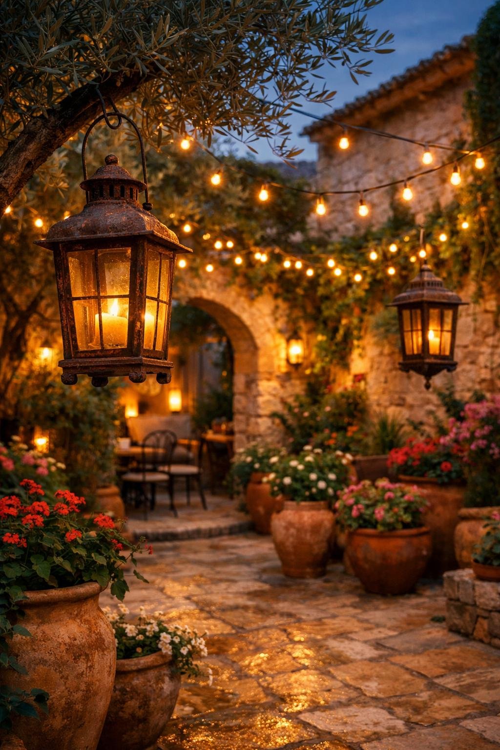 A Mediterranean courtyard garden at dusk with rusty lanterns and string lights glowing warmly among plants and stone walls.