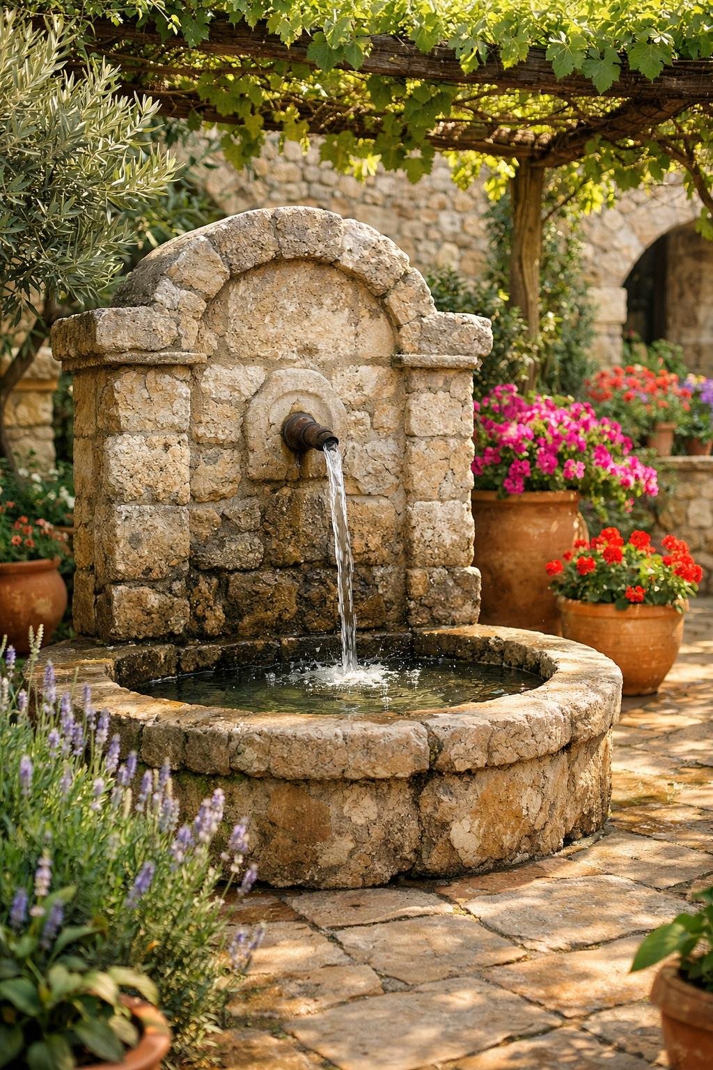A rustic stone fountain with water flowing gently in a Mediterranean courtyard garden surrounded by green plants and flowers.