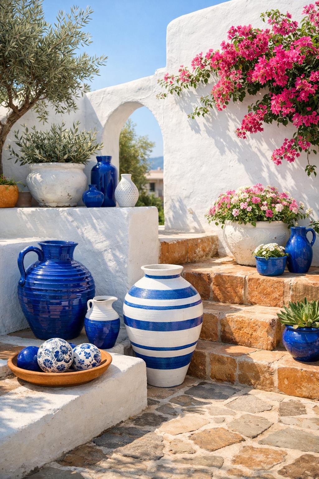 A Mediterranean courtyard garden with blue and white pottery, greenery, and flowering plants in a sunny outdoor space.