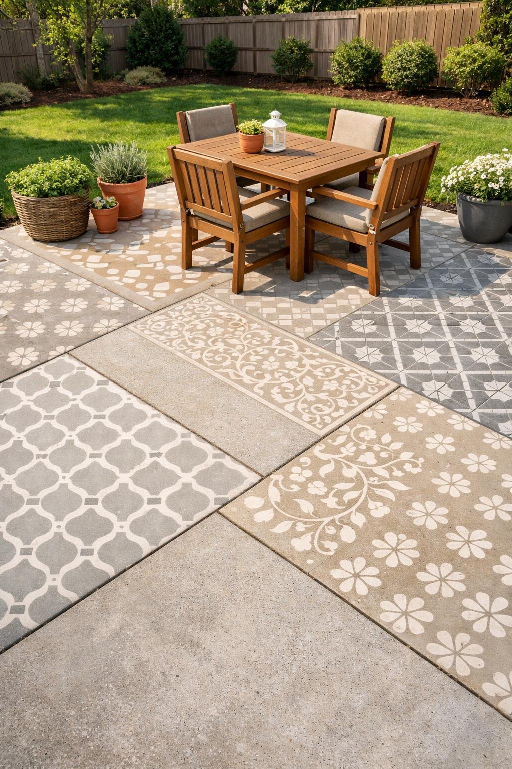 A backyard concrete patio with various decorative stenciled patterns, outdoor furniture, and plants in a sunny garden setting.