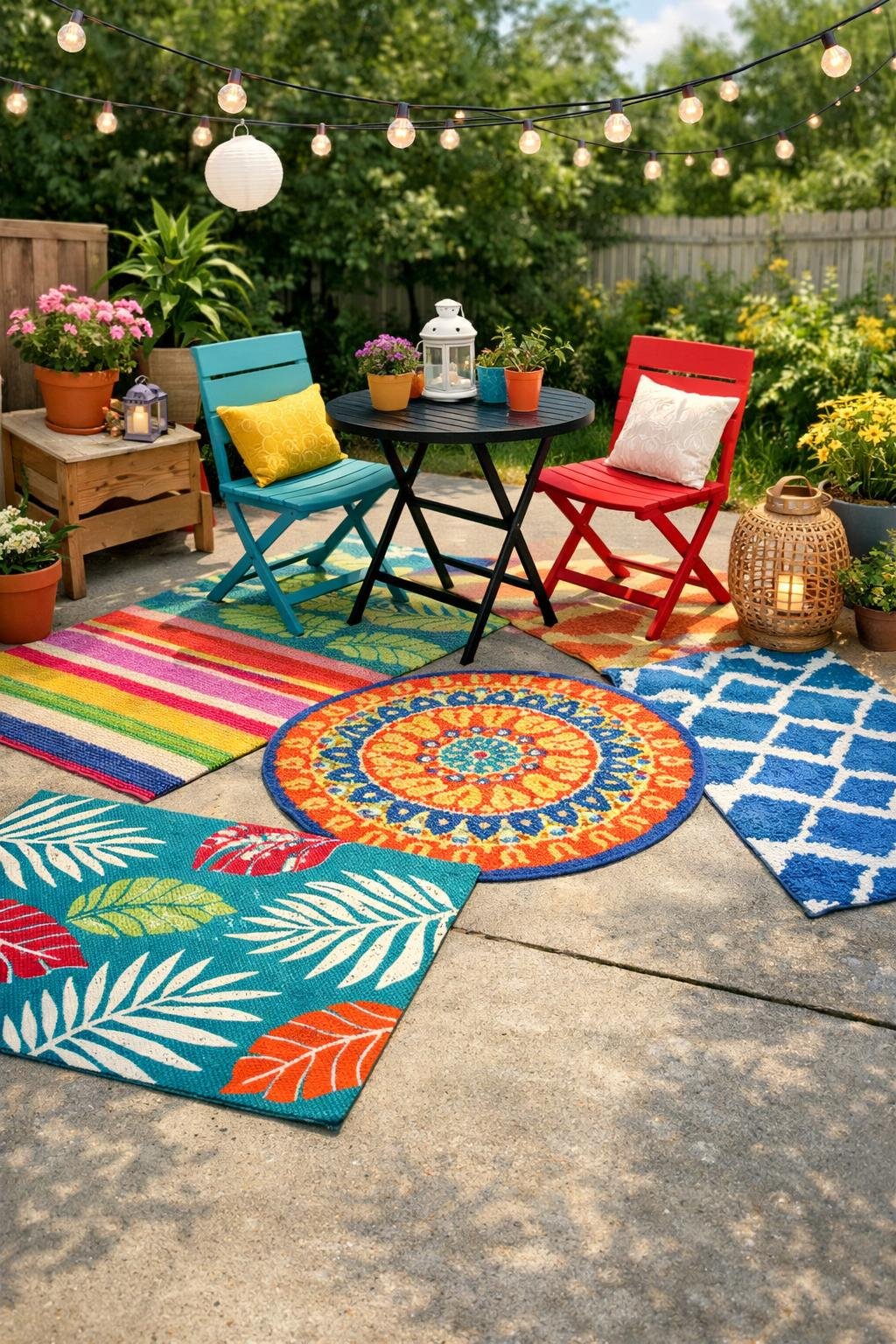 A concrete patio with colorful outdoor rugs, patio furniture, and potted plants arranged for a cozy outdoor seating area.