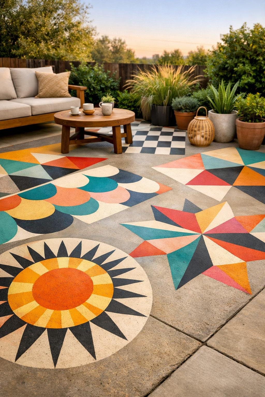 Outdoor concrete patio with colorful geometric floor patterns, wooden bench, potted plants, and greenery in the background.