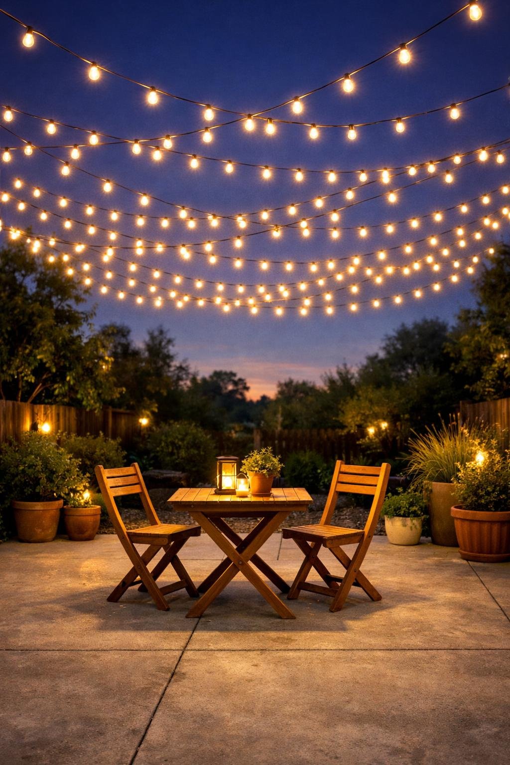 Outdoor concrete patio at dusk with string lights hung overhead and simple furniture surrounded by plants.