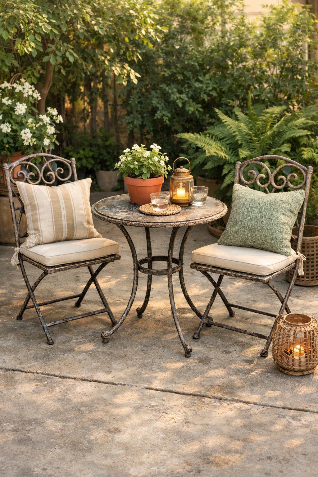 Outdoor concrete patio with a small metal bistro table and two chairs surrounded by green plants and sunlight.